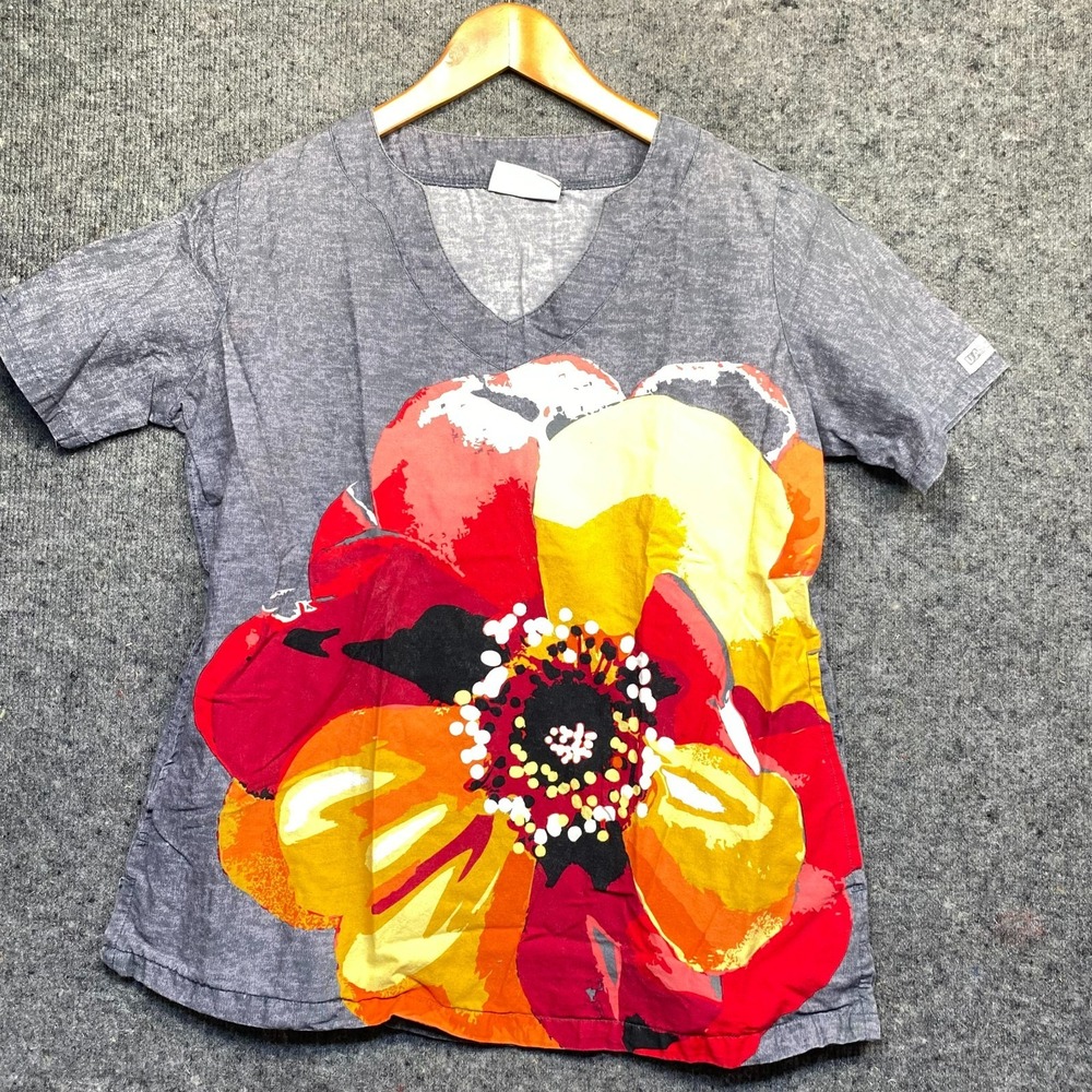 UA Scrubs Womens Gray Floral Scrub Top V-Neck Medical Work Shirt M-L